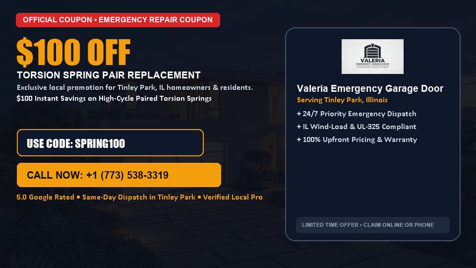 $100 OFF Dual High-Cycle Torsion Spring Replacement in Tinley Park, IL - Valeria Emergency Garage Door